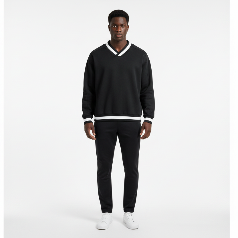 V-Neck Contrast Collar Boxy Sweatshirt