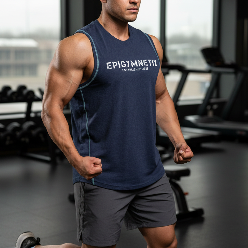 Navy sleeveless shirt with 'EPIGYMNETIX ESTABLISHED 2015' text on a white background