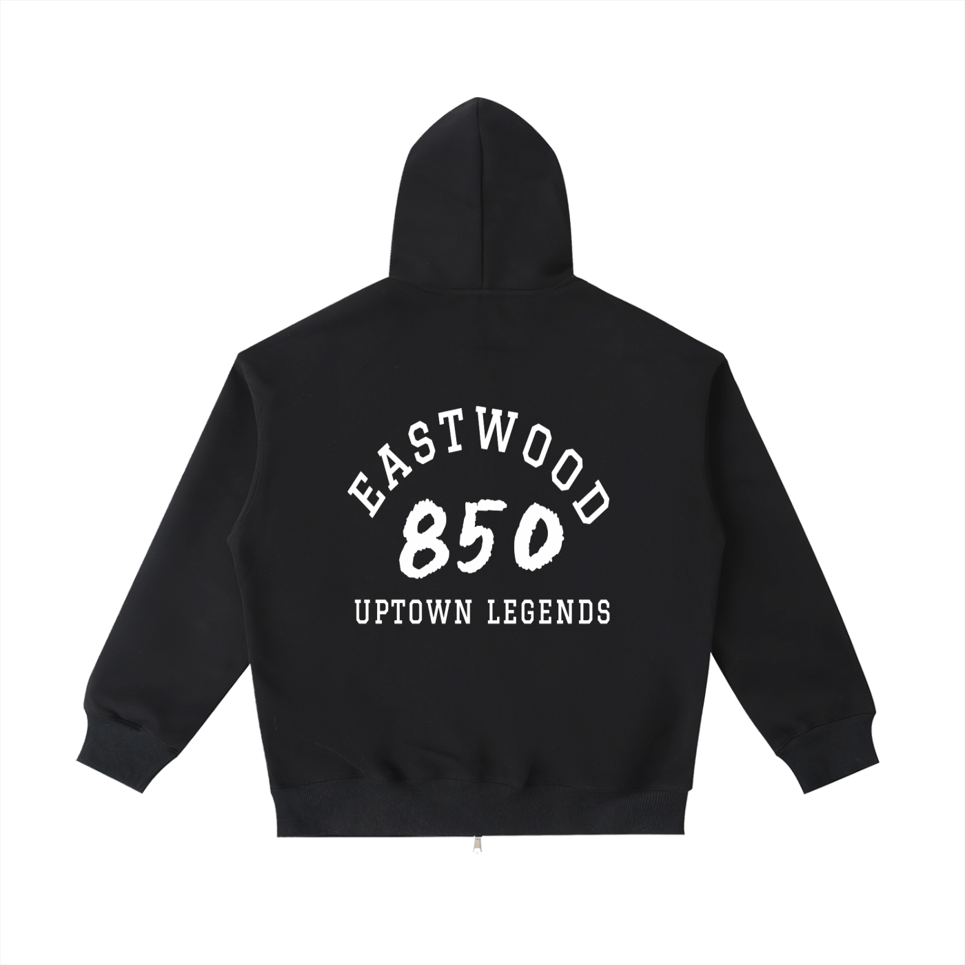 Black hoodie with 'Eastwood 850 Uptown Legends' text on the back against a white background