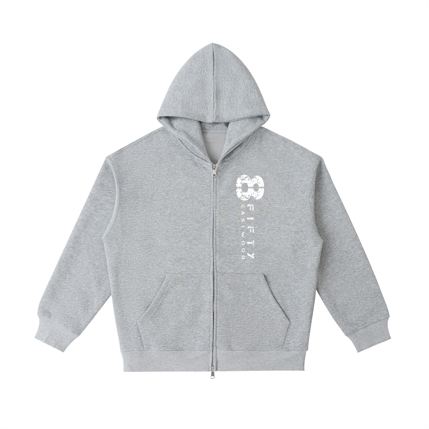 Gray hoodie with a logo on the chest on a white background
