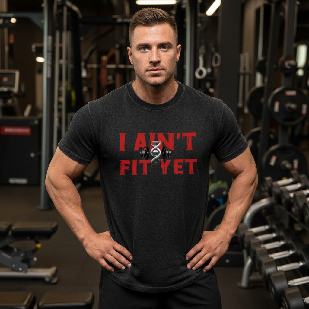 Black t-shirt with red text 'I AIN'T FIT YET' on a white background