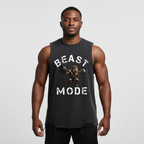 Man wearing a black sleeveless shirt with 'Beast Mode' graphic on a light gray background