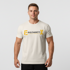 Man wearing a beige t-shirt with 'Pigymnetix' logo on a light gray background