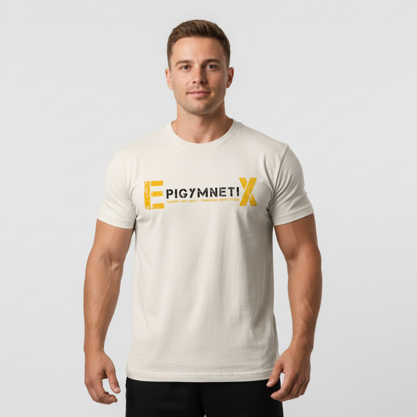 Man wearing a beige t-shirt with 'Pigymnetix' logo on a light gray background