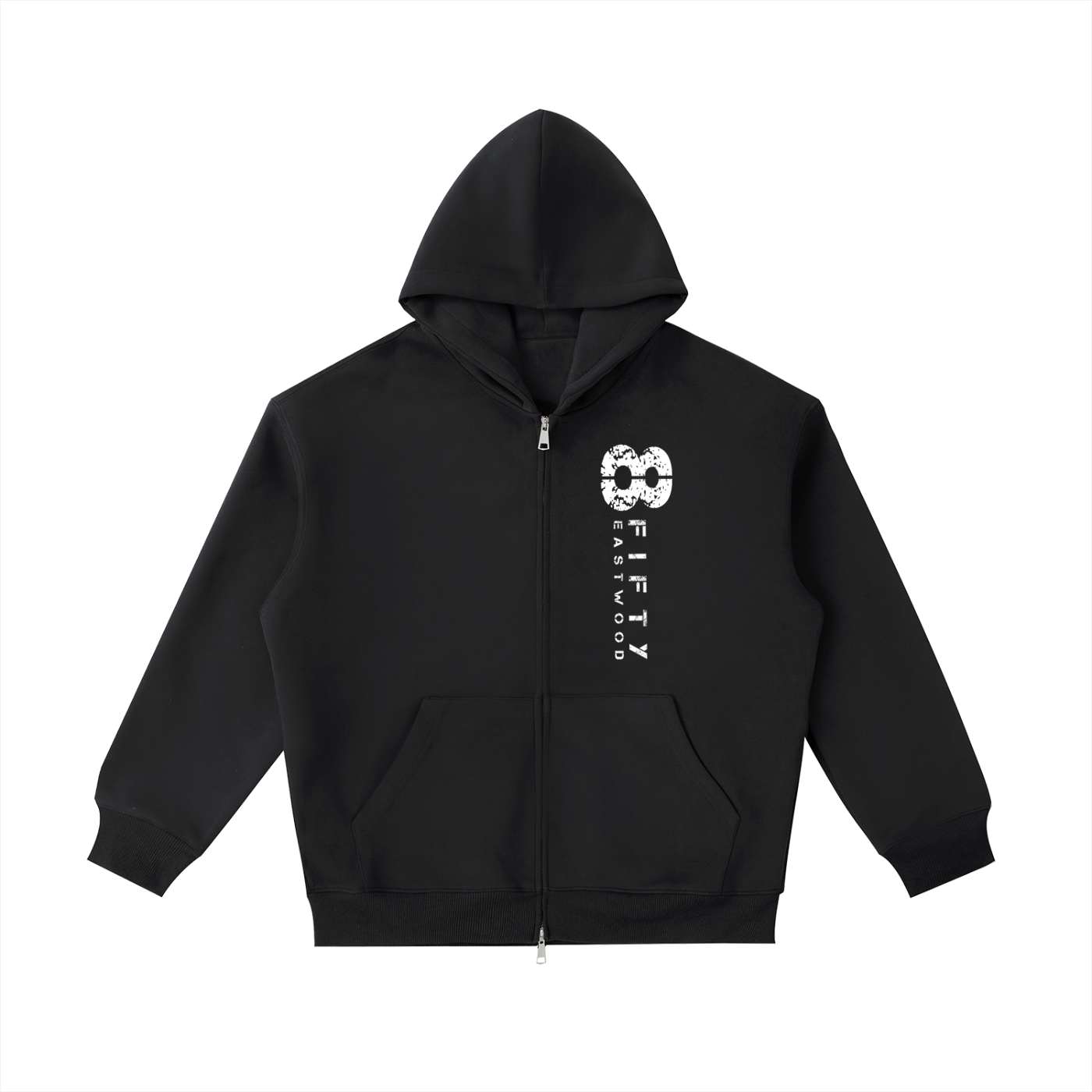 Black hoodie with a white logo on a white background
