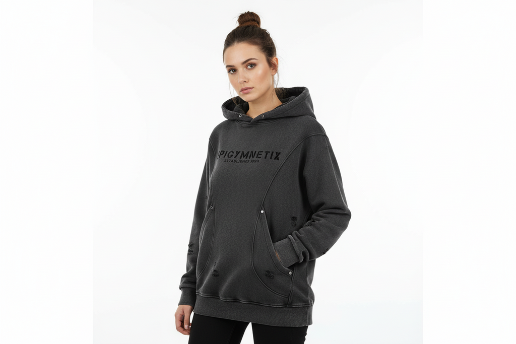 Snow Washed Distressed Panel Pocket Hoodie