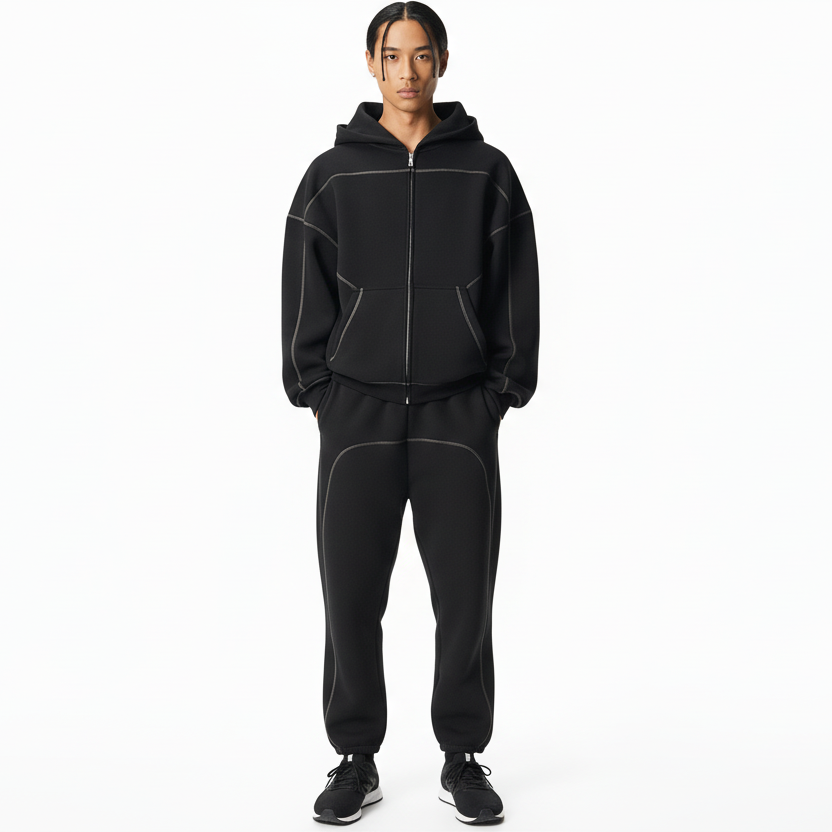 Contrast-Stitched Boxy Fleece Zip Hoodie