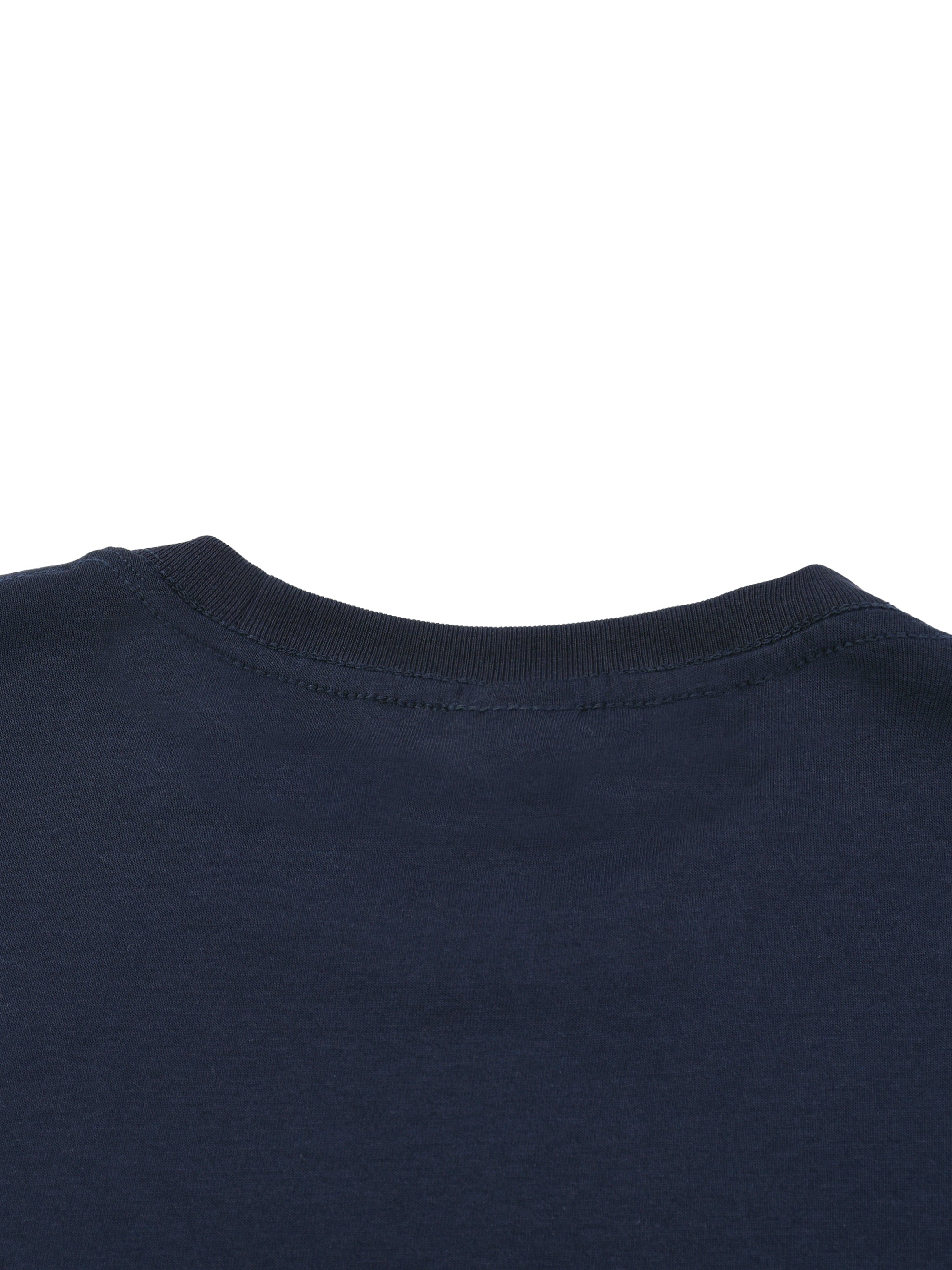 Close-up of a navy blue t-shirt collar on a white background